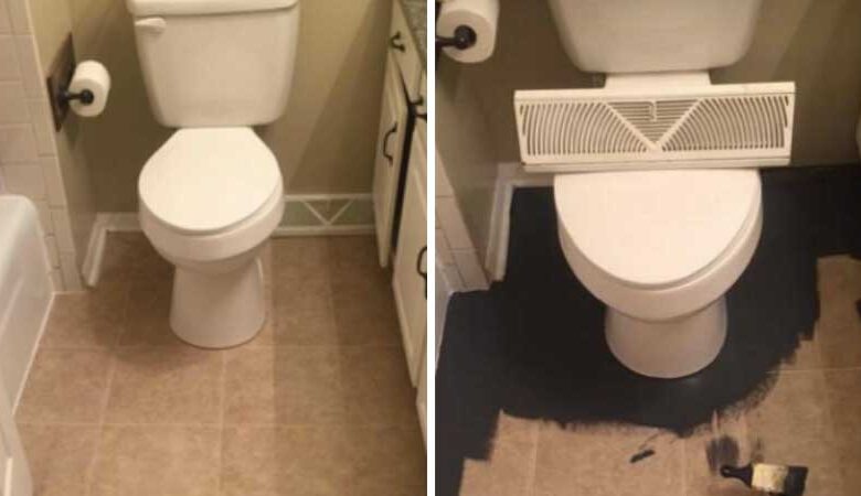 Paint fake tiles on the floor for a complete and cheap transformation of the bathroom