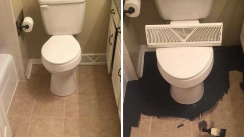 Paint fake tiles on the floor for a complete and cheap transformation of the bathroom